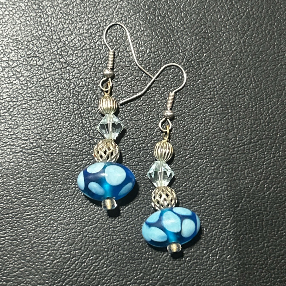 Silver Handmade Blue Glass Bead Drop Earrings Boho Trendy Dangle 2.5”